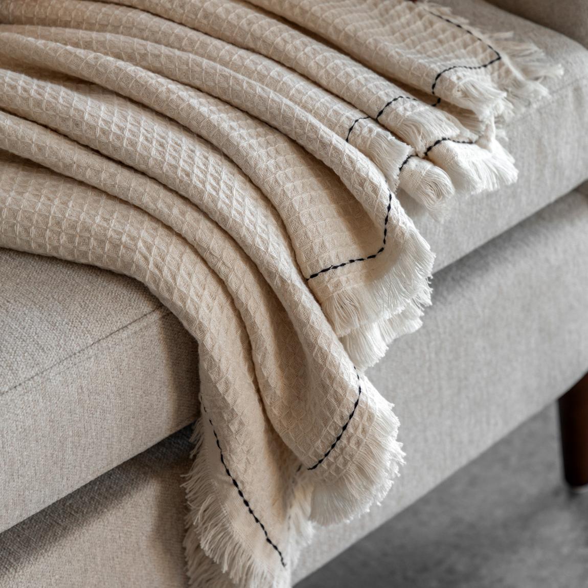 Stitched Border Waffle 130x170cm Throw, Cream main product photo