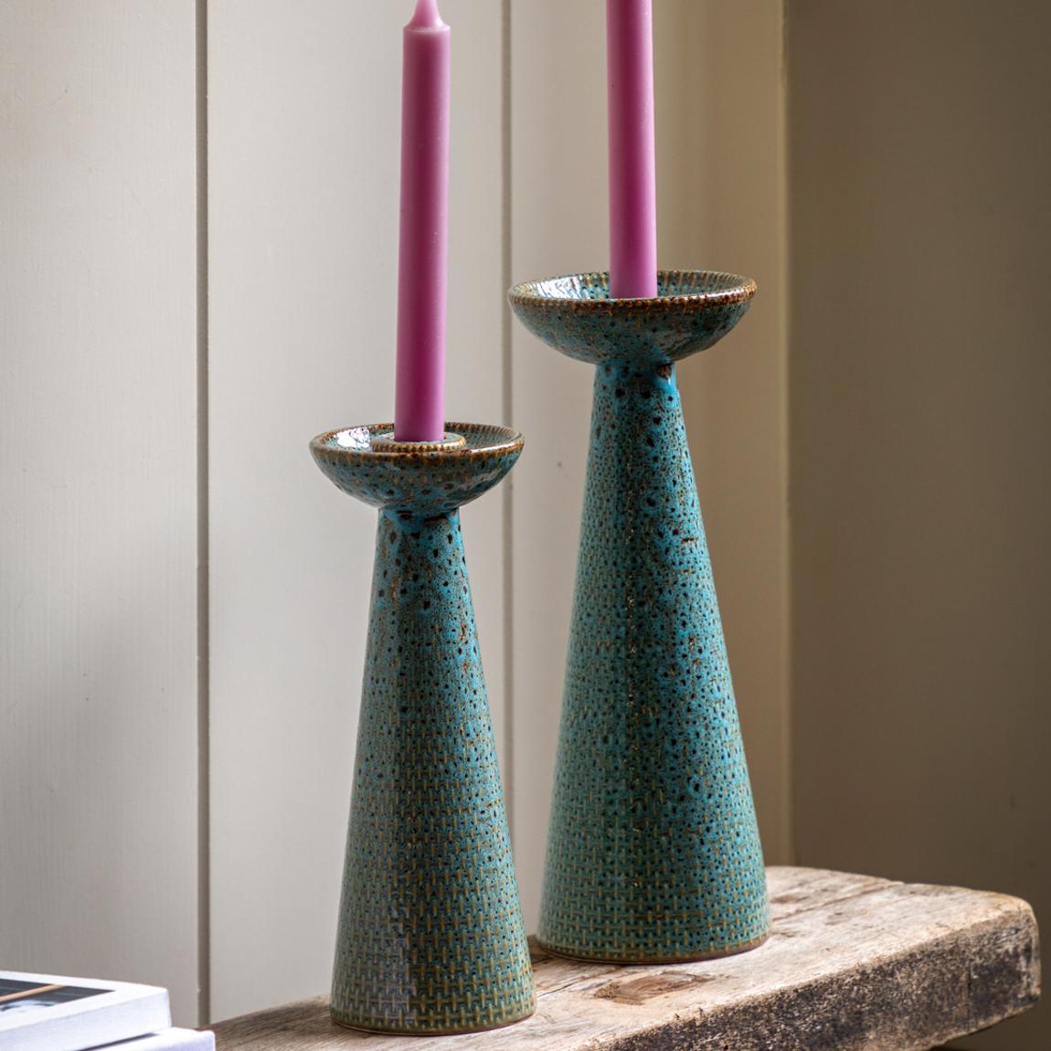 Set of 2 Porto Ceramic Candle Sticks, Teal Glaze main product photo