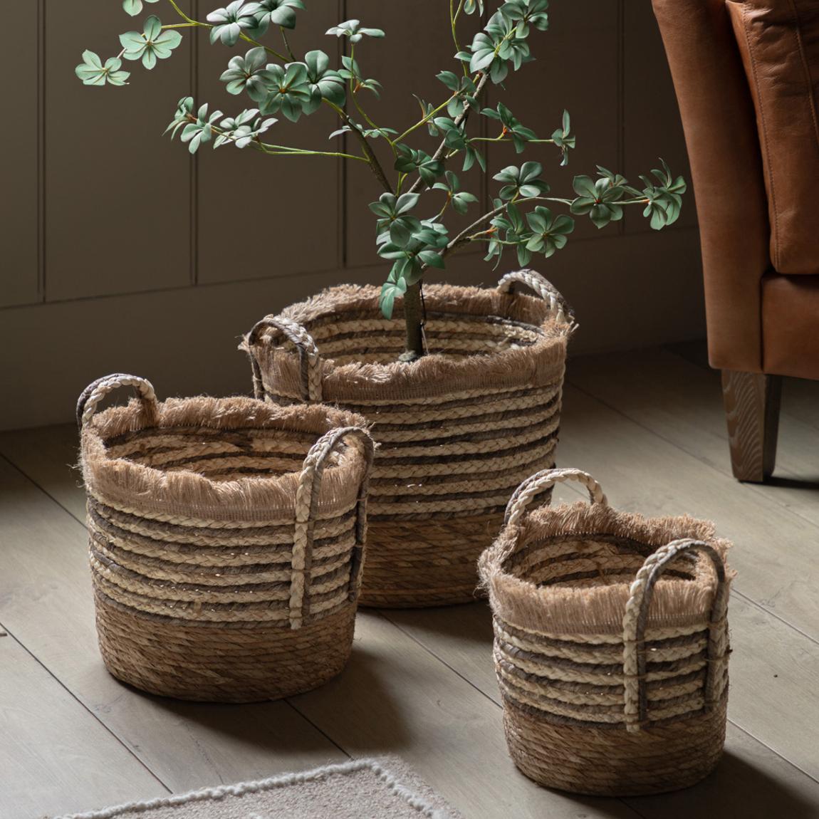 Set of 3 Fringed Woven Basket, Brown Stripe main product photo