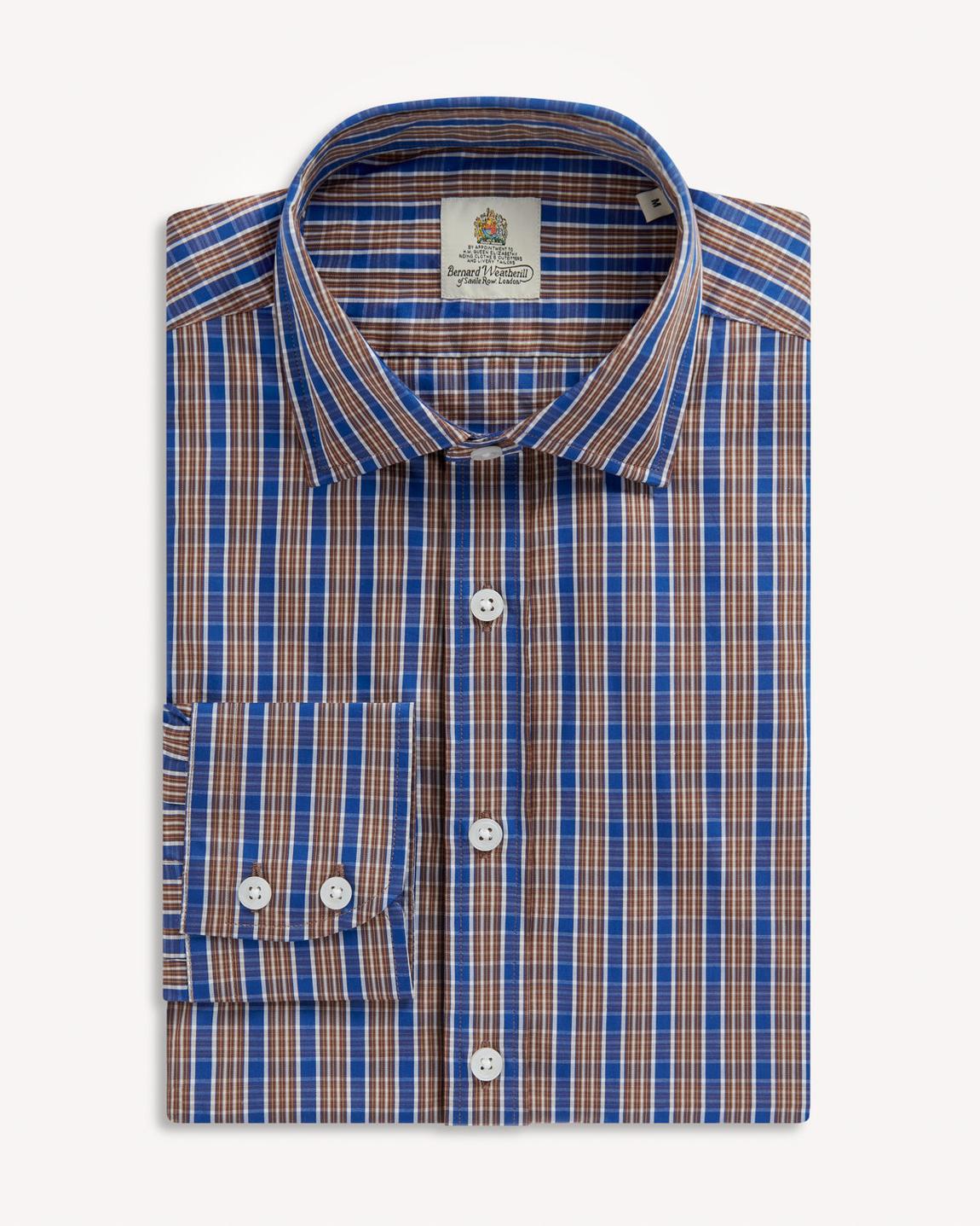 Bernard Weatherill Men's Semi-Cutaway Check Shirt in Blue and Brown main product photo