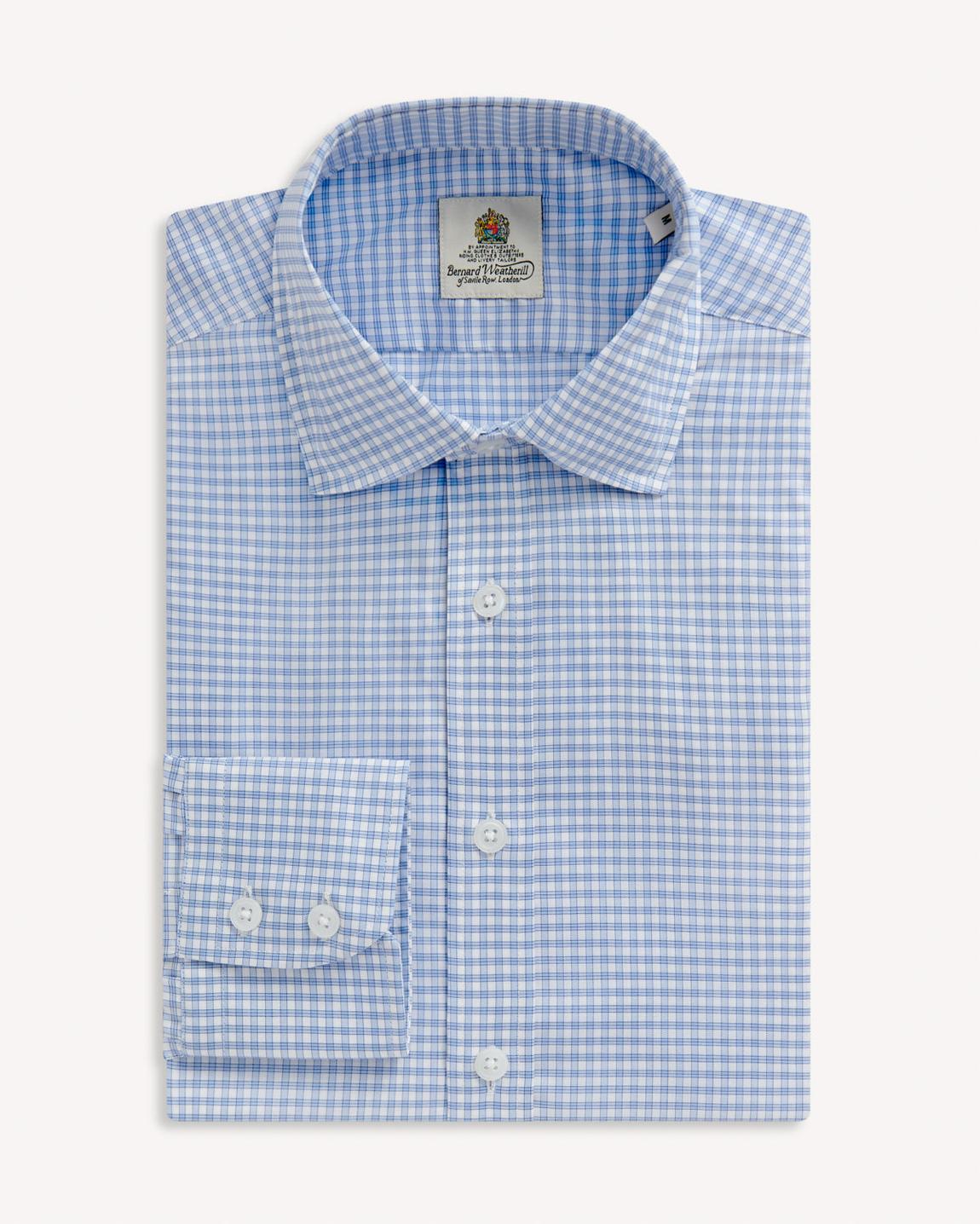 BERNARD WEATHERILL Blue and White Micro Check Semi-Cutaway Shirt main product photo