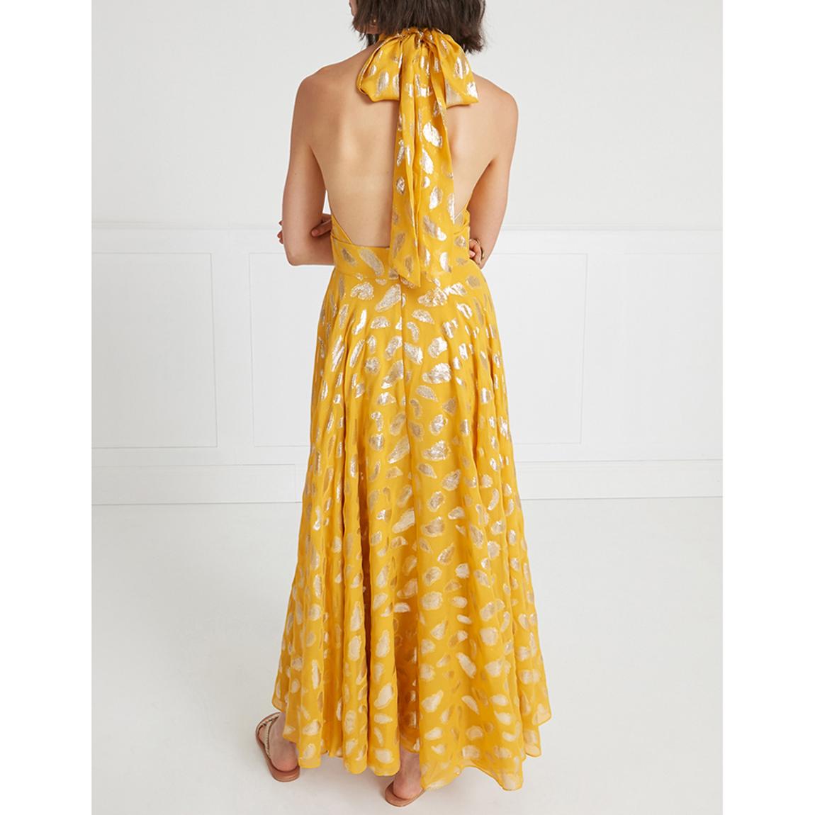 slim fit dress slacks Retro Stage Halter Sunflower Patchwork Pencil Dress Black & Yellow