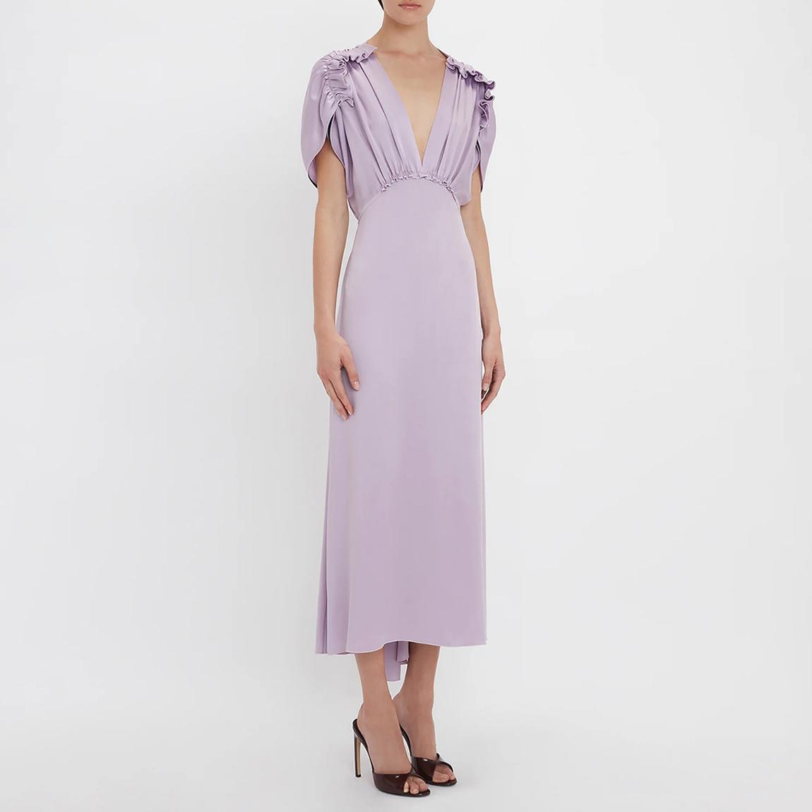 Lilac V-Neck Ruffle Midi Dress main product photo