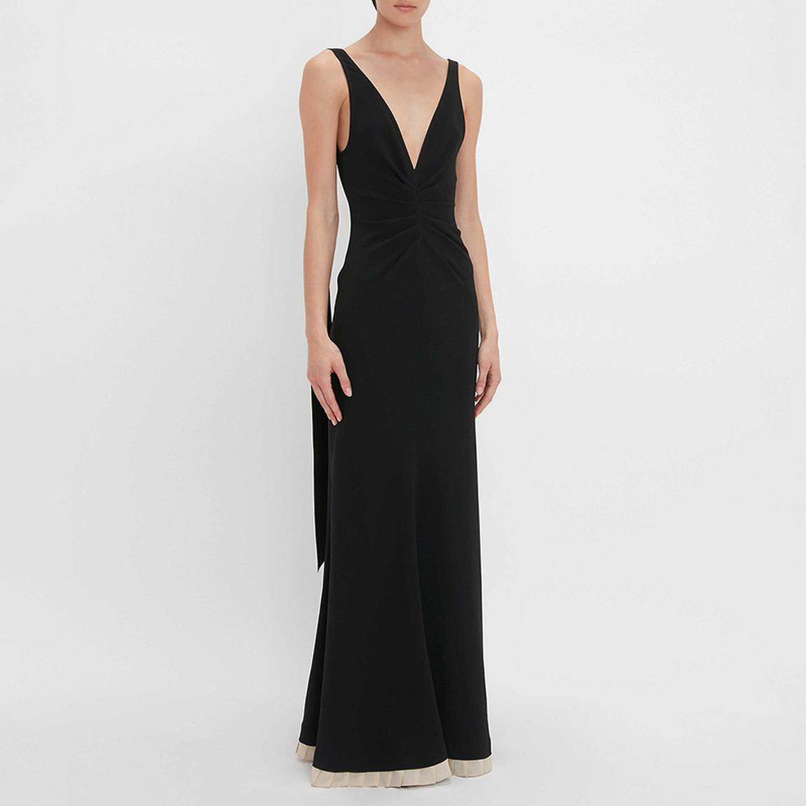 Victoria Beckham Black V-Neck Backless Gathered Waist Gown - BrandAlley