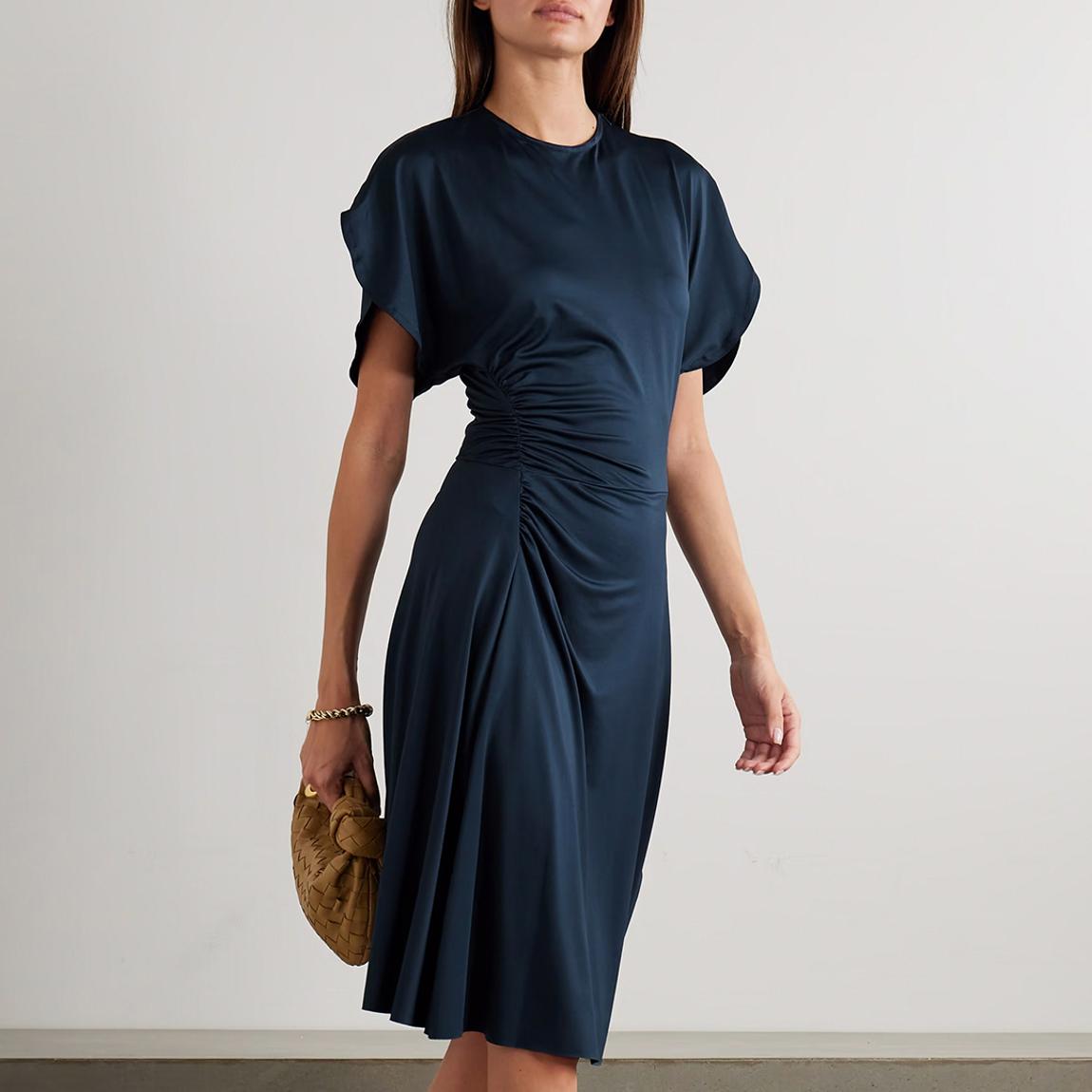 Navy Petal Sleeve Ruched Midi Dress main product photo
