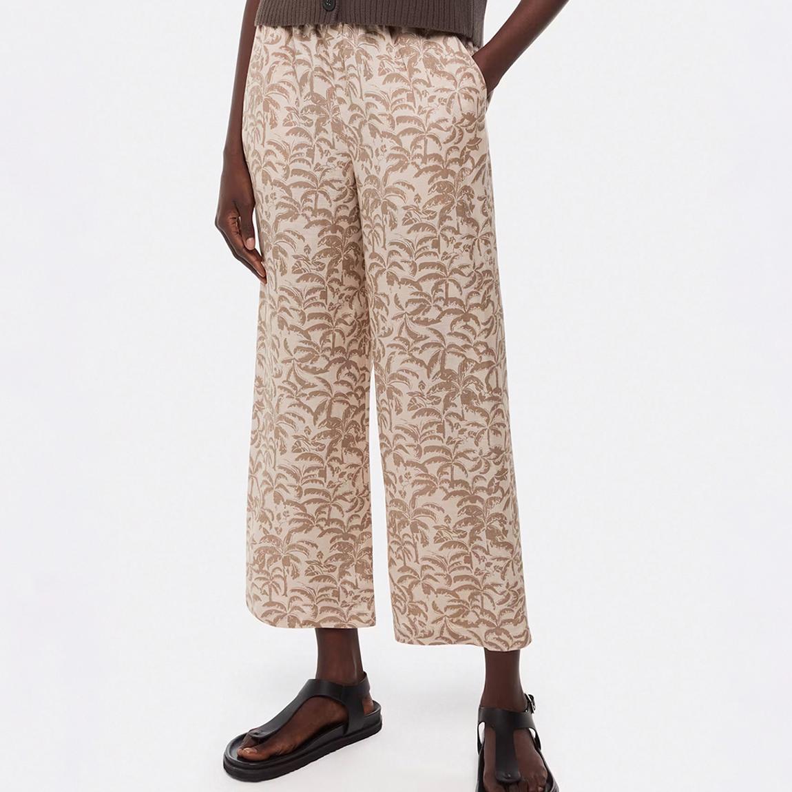 Cream Palm Print Linen Blend Trousers main product photo