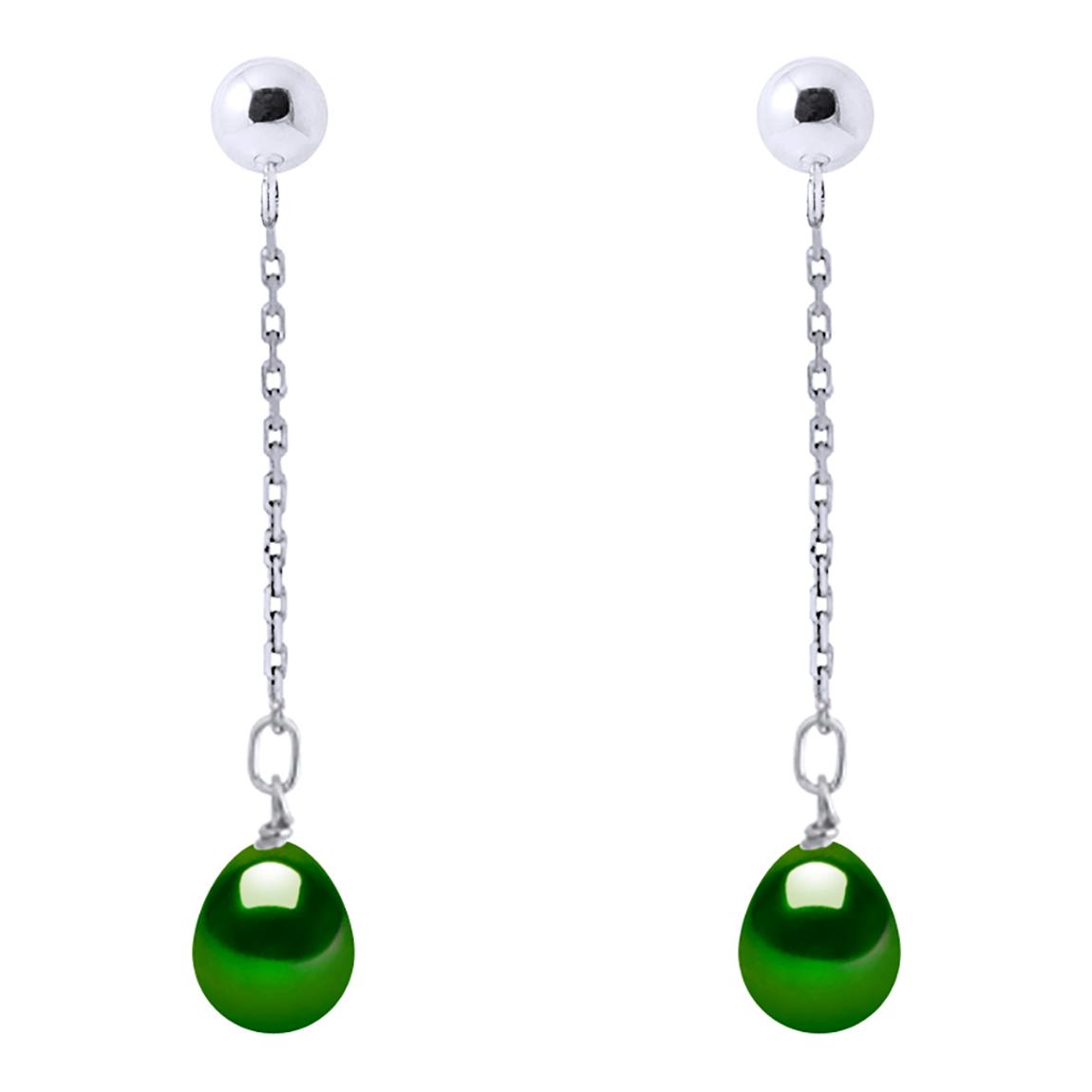 Silver Malachite Green Hanging Real Cultured Freshwater Pearl Earrings main product photo