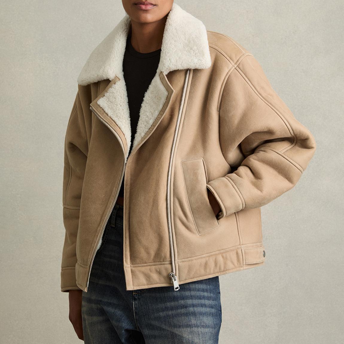 Tan Mona Leather Shearling Aviator Jacket main product photo