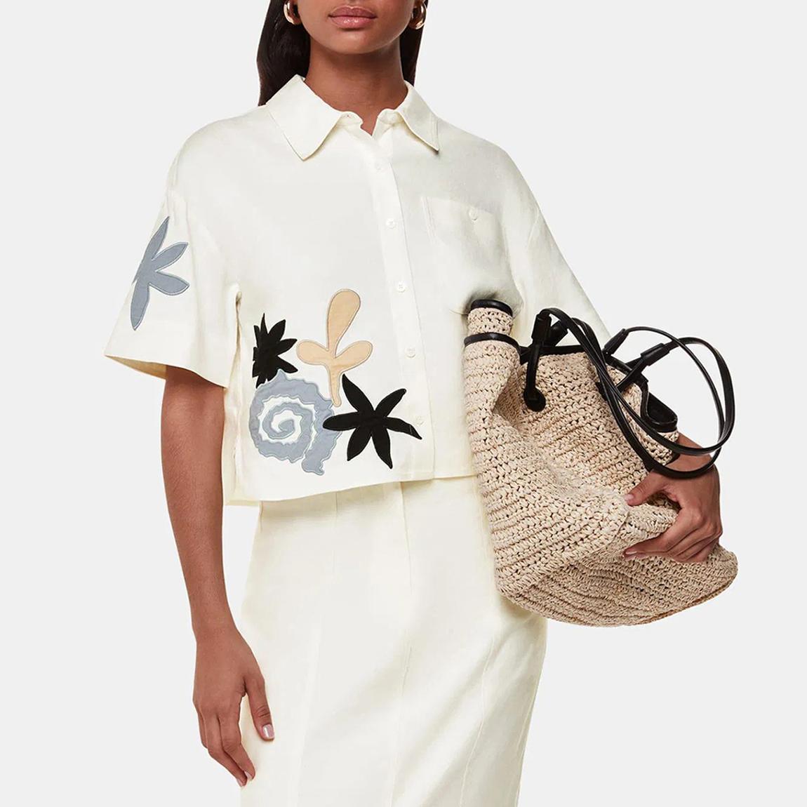 Ecru Applique Linen Blend Shirt main product photo