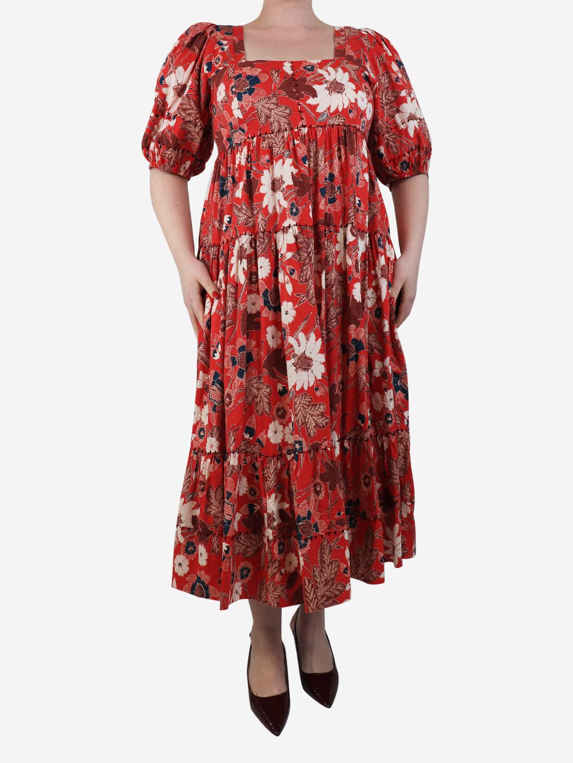 Red Nora gathered floral midi dress main product photo