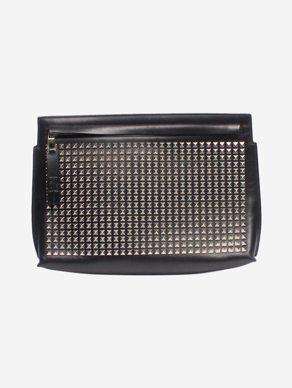 Black studded T Pouch clutch main product photo