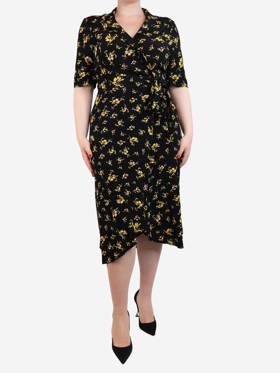 Black and yellow printed wrap midi dress main product photo