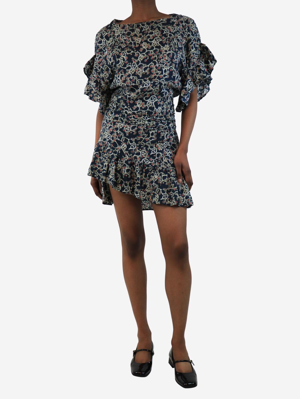 Navy blue floral wrap mini dress main product photo