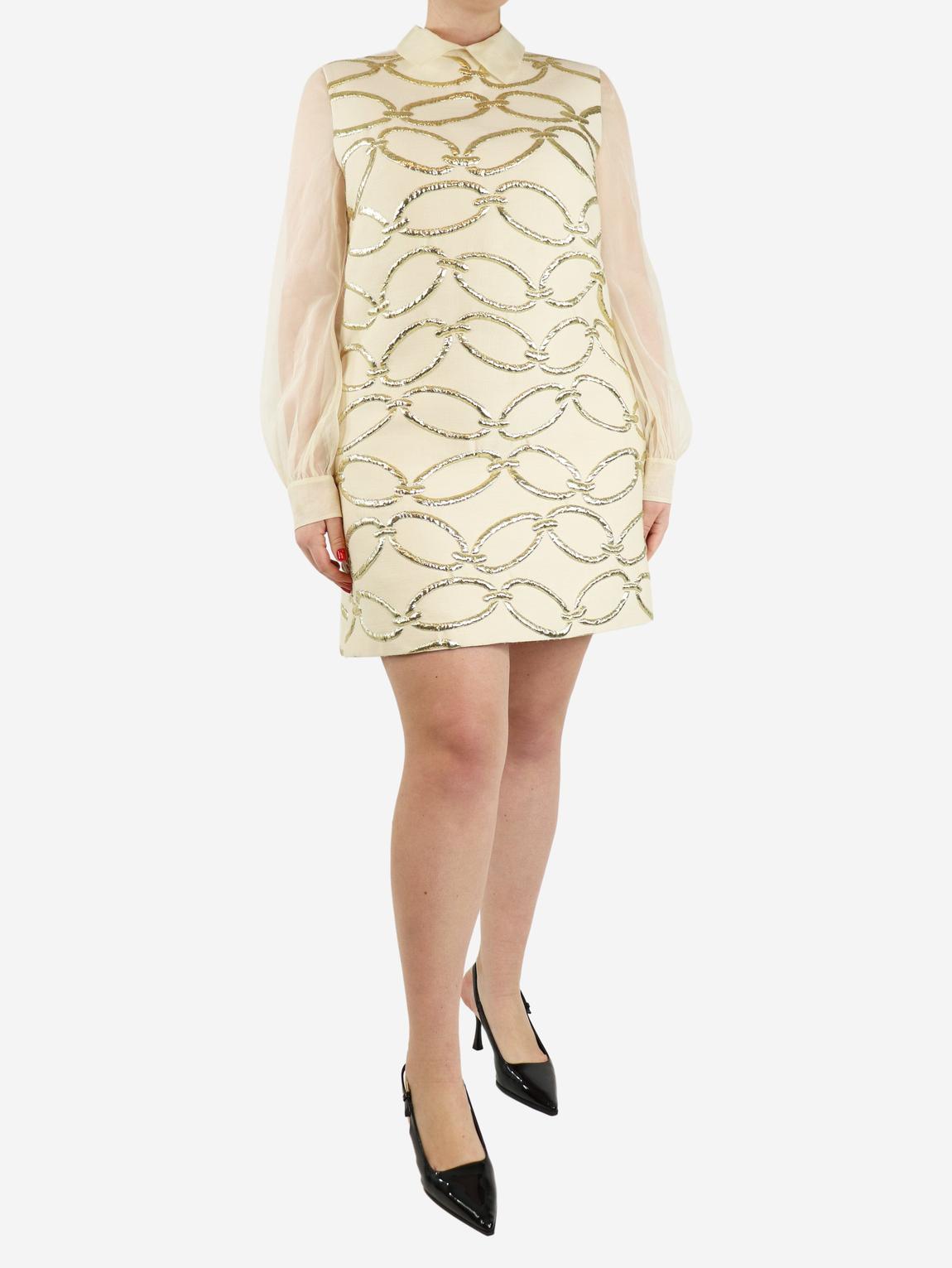 Cream and gold sheer-sleeved chain-applique mini dress main product photo