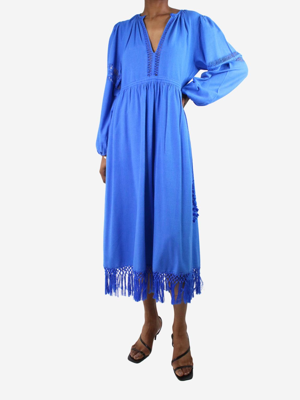 Blue silk puff-sleeved fringed midi dress main product photo