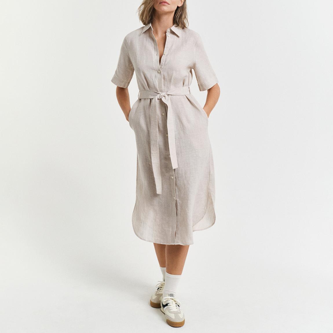 Beige Linen Short Sleeve Shirt Dress main product photo