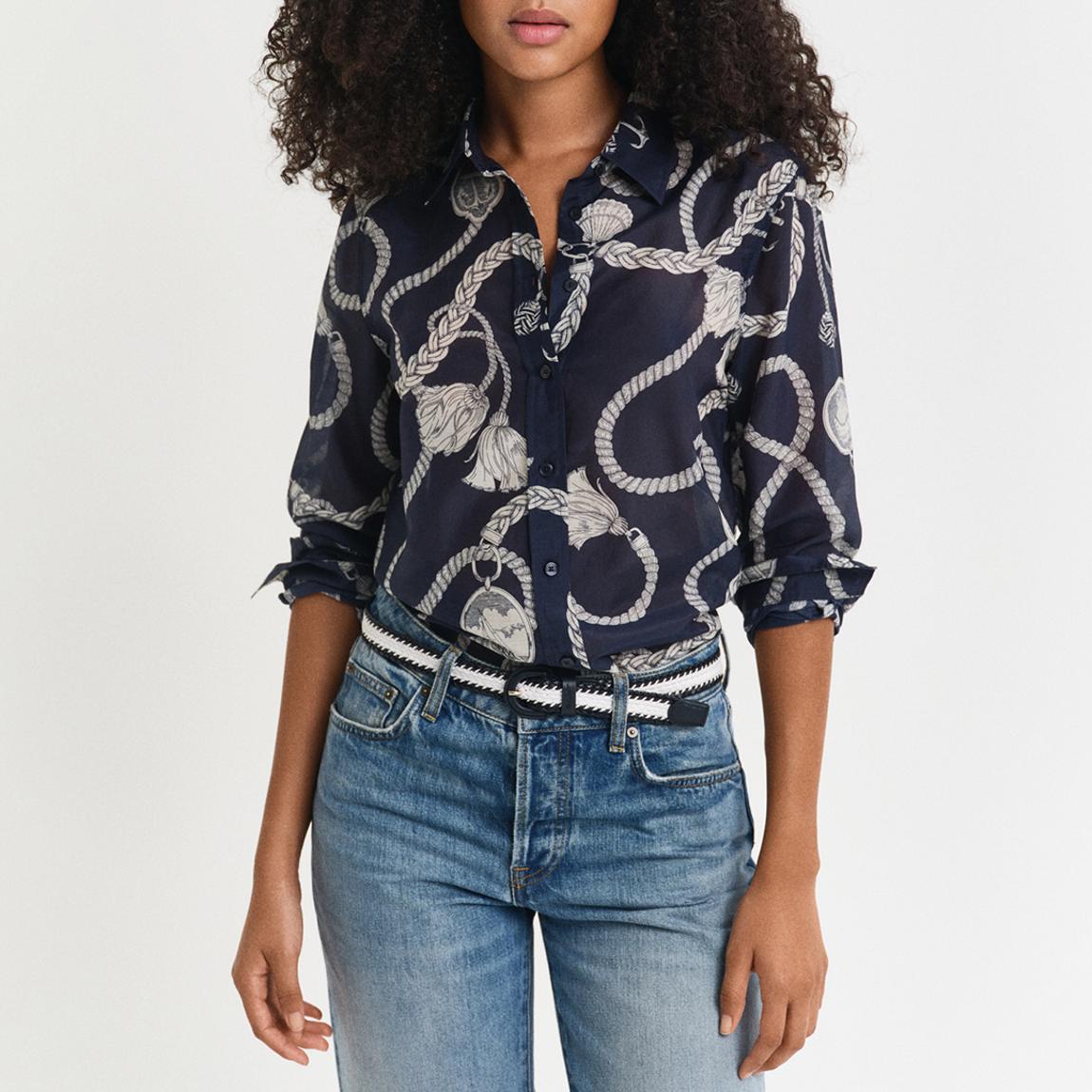 Navy Sailing Print Silk Blend Shirt main product photo