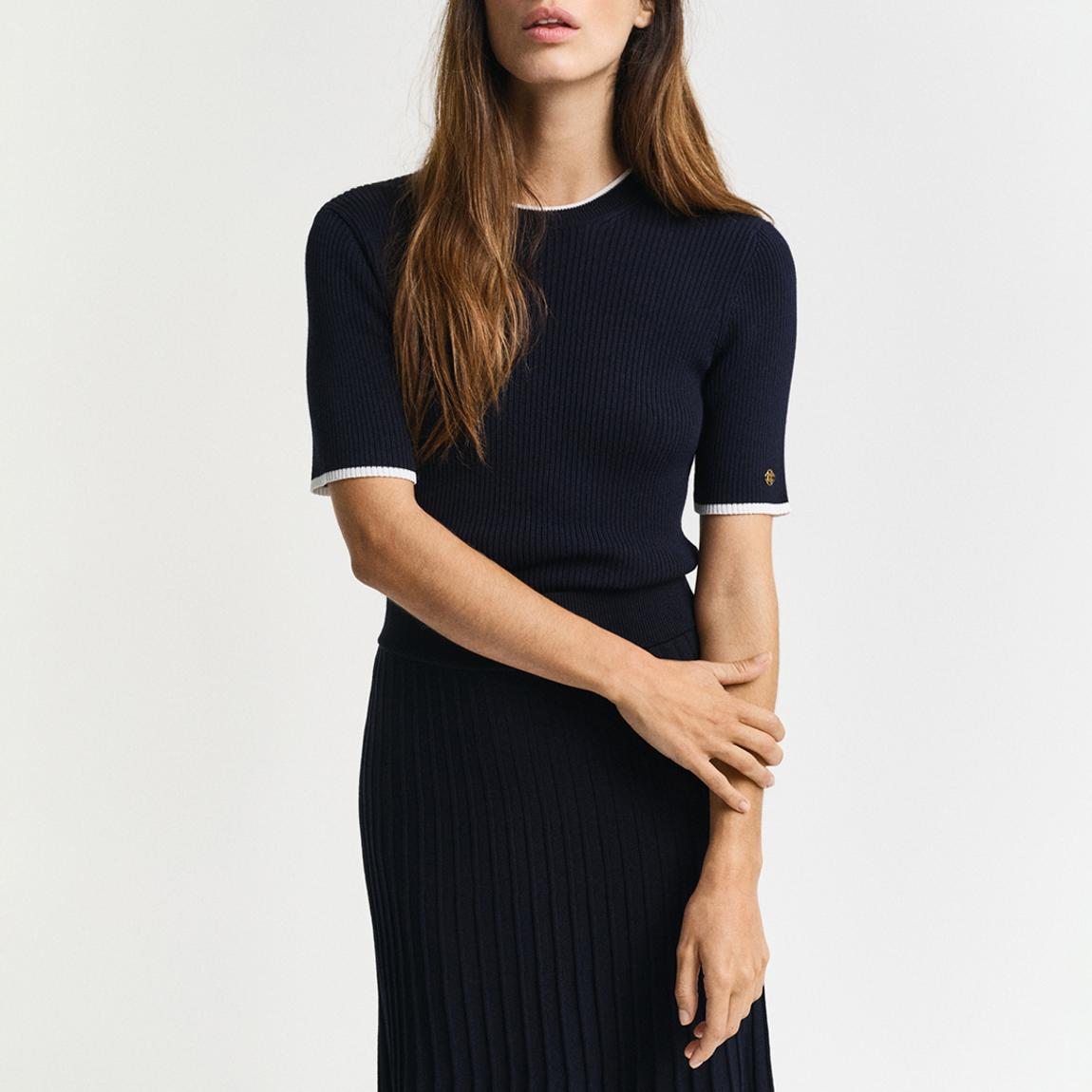 Black Contrast Ribbed Short Sleeve Top main product photo