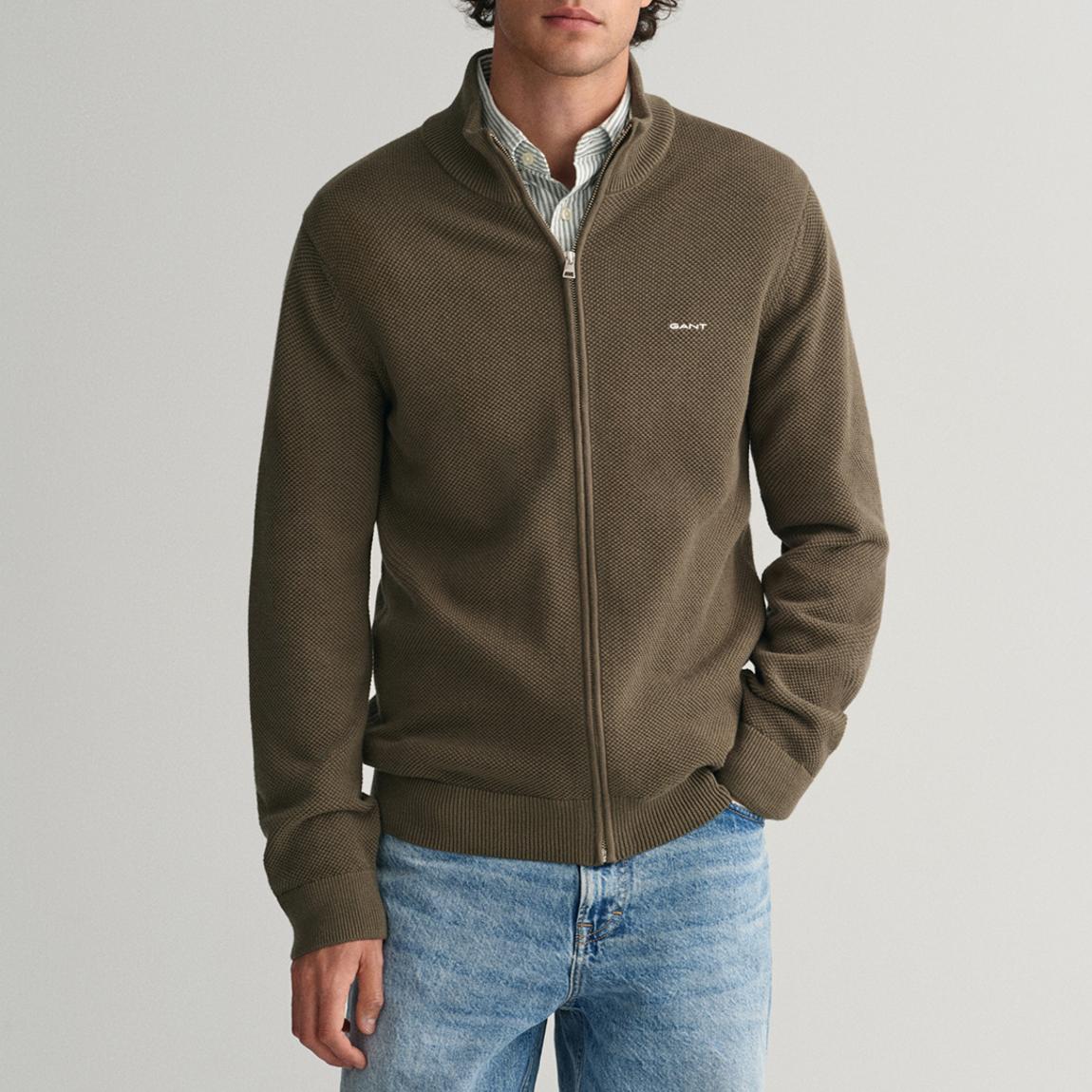 Dark Green Cotton Pique Zip Cardigan main product photo