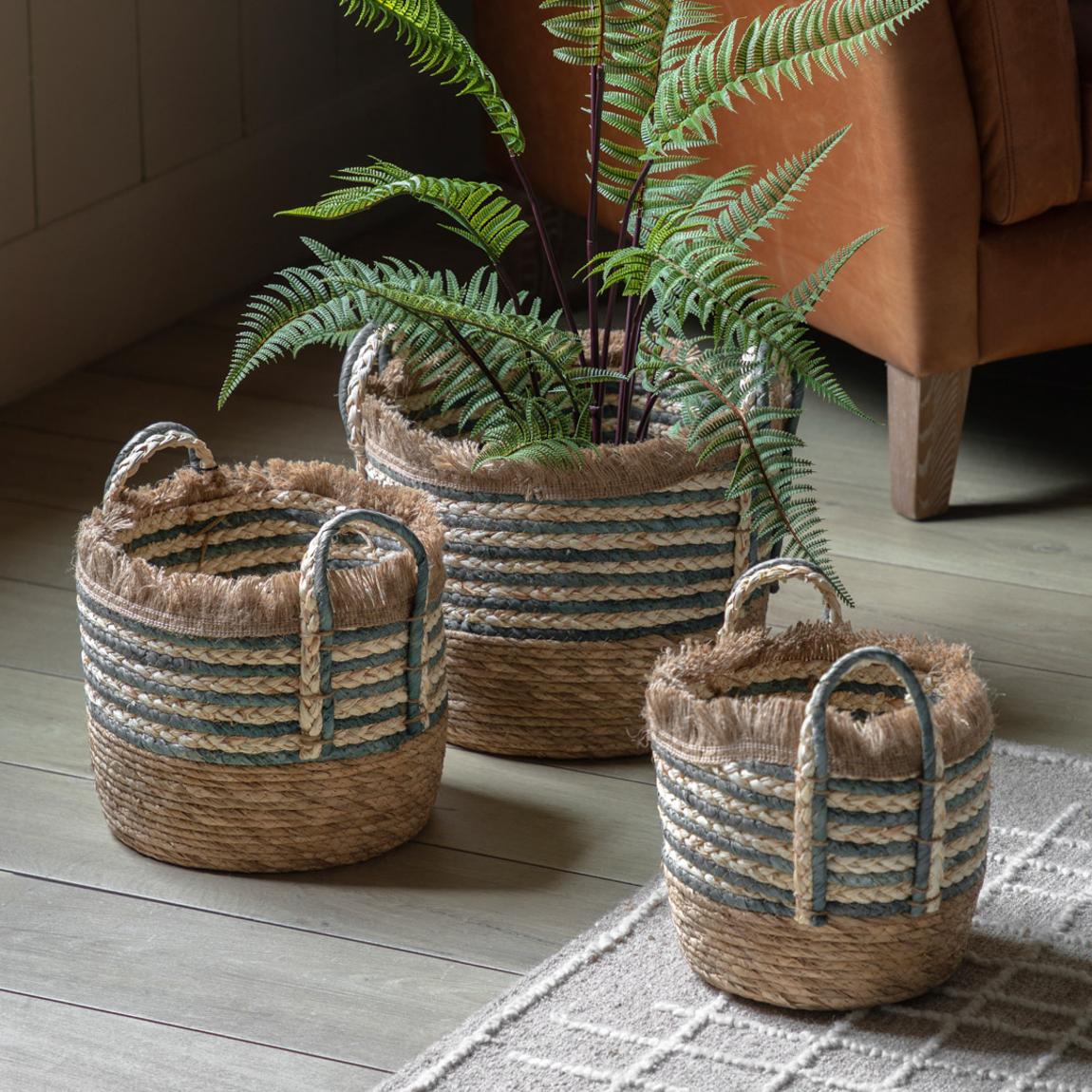Set of 3 Fringed Woven Basket, Ink Stripe main product photo