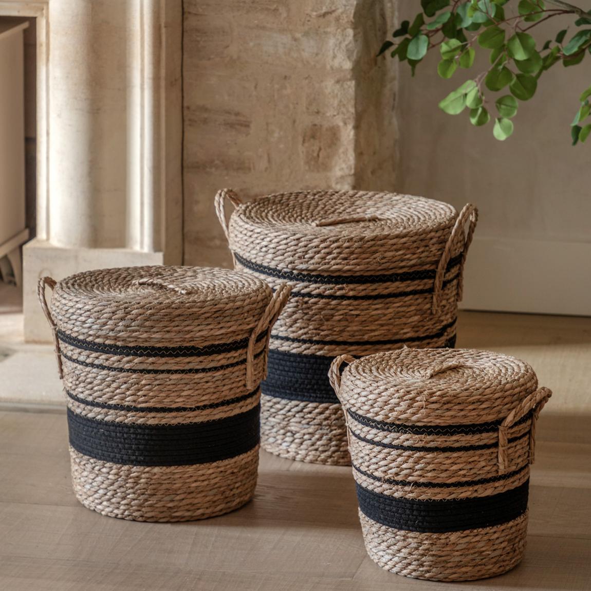 Set of 3 Linen Basket Nest, Black Stripe main product photo