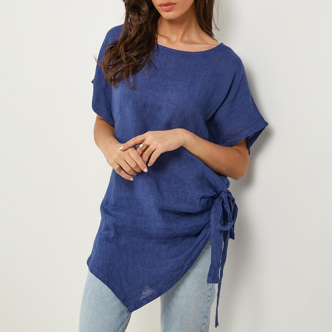Indigo Gathered Tie Linen Tunic main product photo