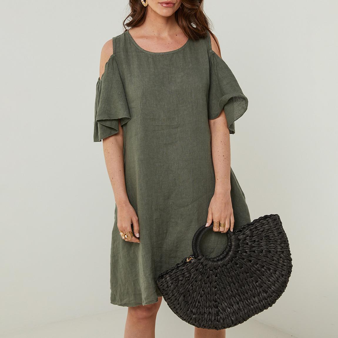 Khaki Cutout Flutter Linen Mini Dress main product photo