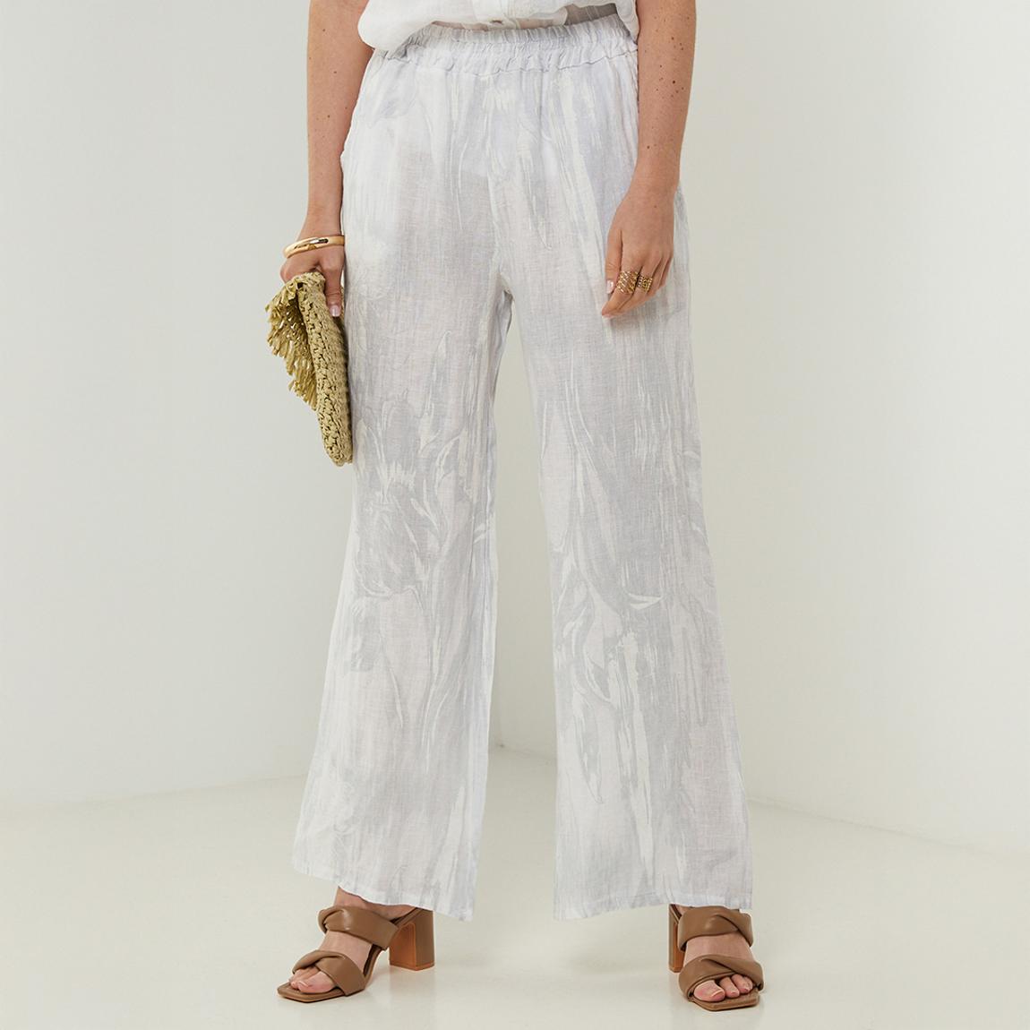 White Printed Relaxed Linen Trousers main product photo