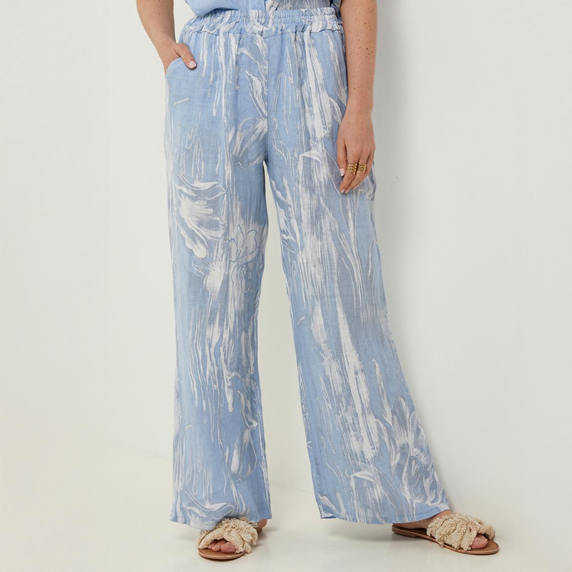 Cornflower Printed Relaxed Linen Trousers main product photo