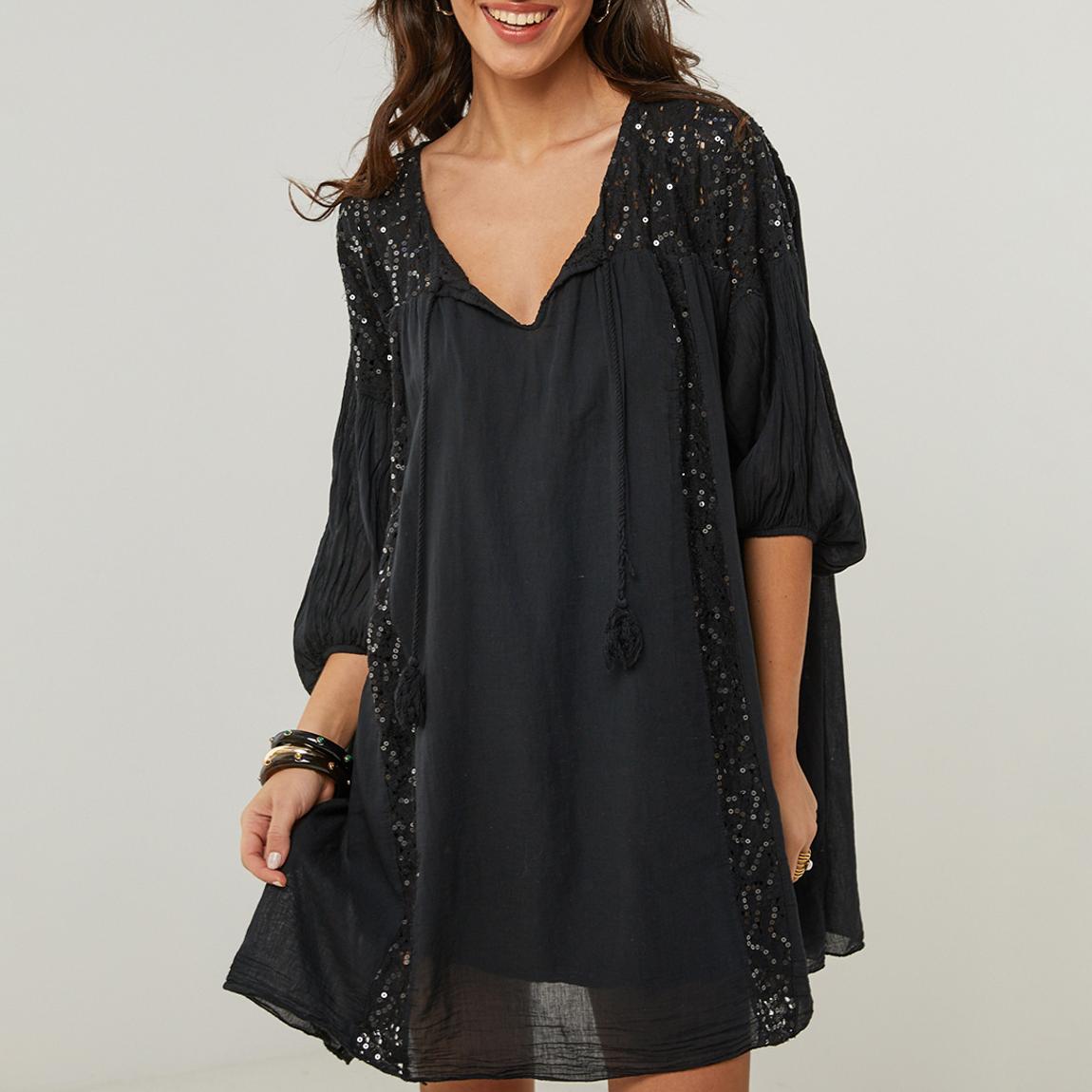 Black Open Weave Linen Swing Dress main product photo