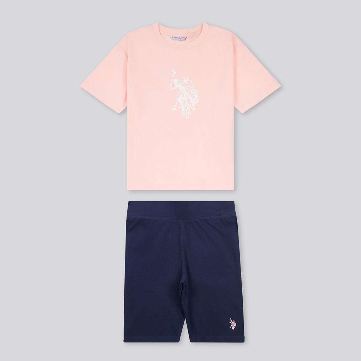 Girl's Pink/ Navy Cotton T-Shirt and Jersey Cycling Short Set main product photo