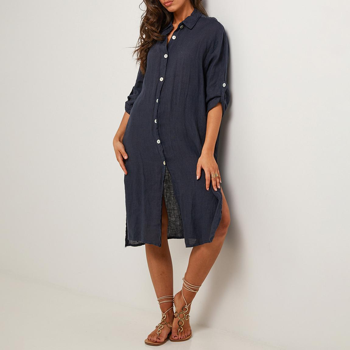 Navy Weave Linen Midi Shirt Dress main product photo