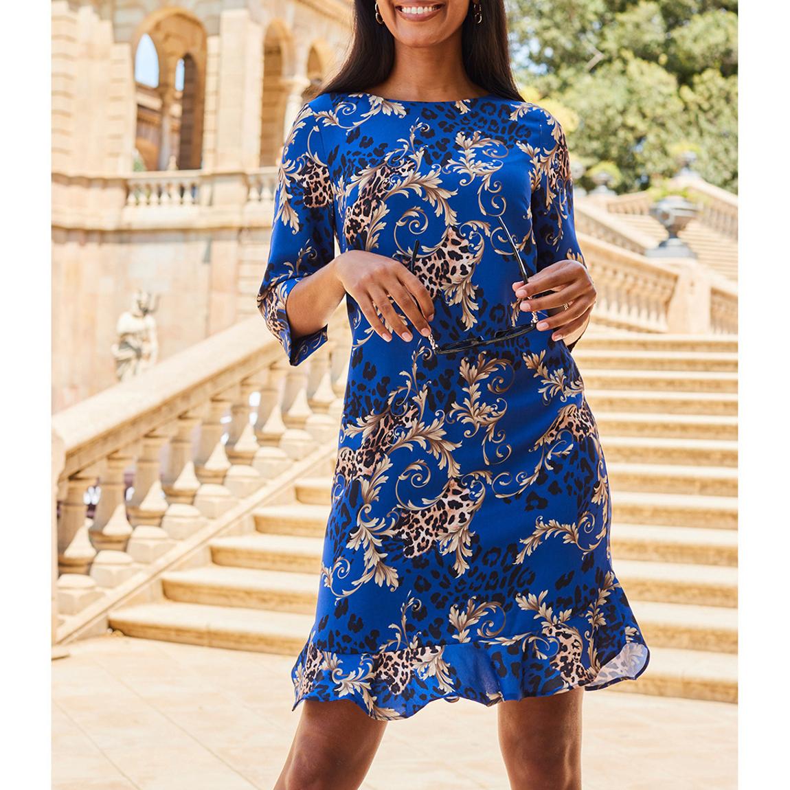 Blue & Gold WOW Print Ruffle Hem Shift Dress 06-Regular main product photo