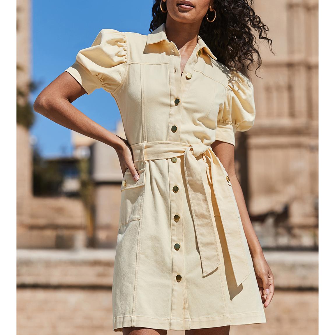 SOSANDAR Petite Yellow Puff Sleeve Belted Denim Dress BrandAlley