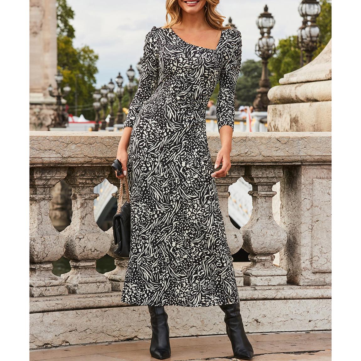 Black Abstract Print Asymmetric Neckline Jersey Midi Dress main product photo