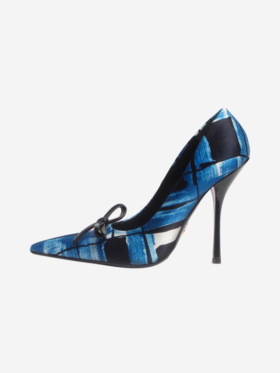 Blue satin printed bow heels main product photo