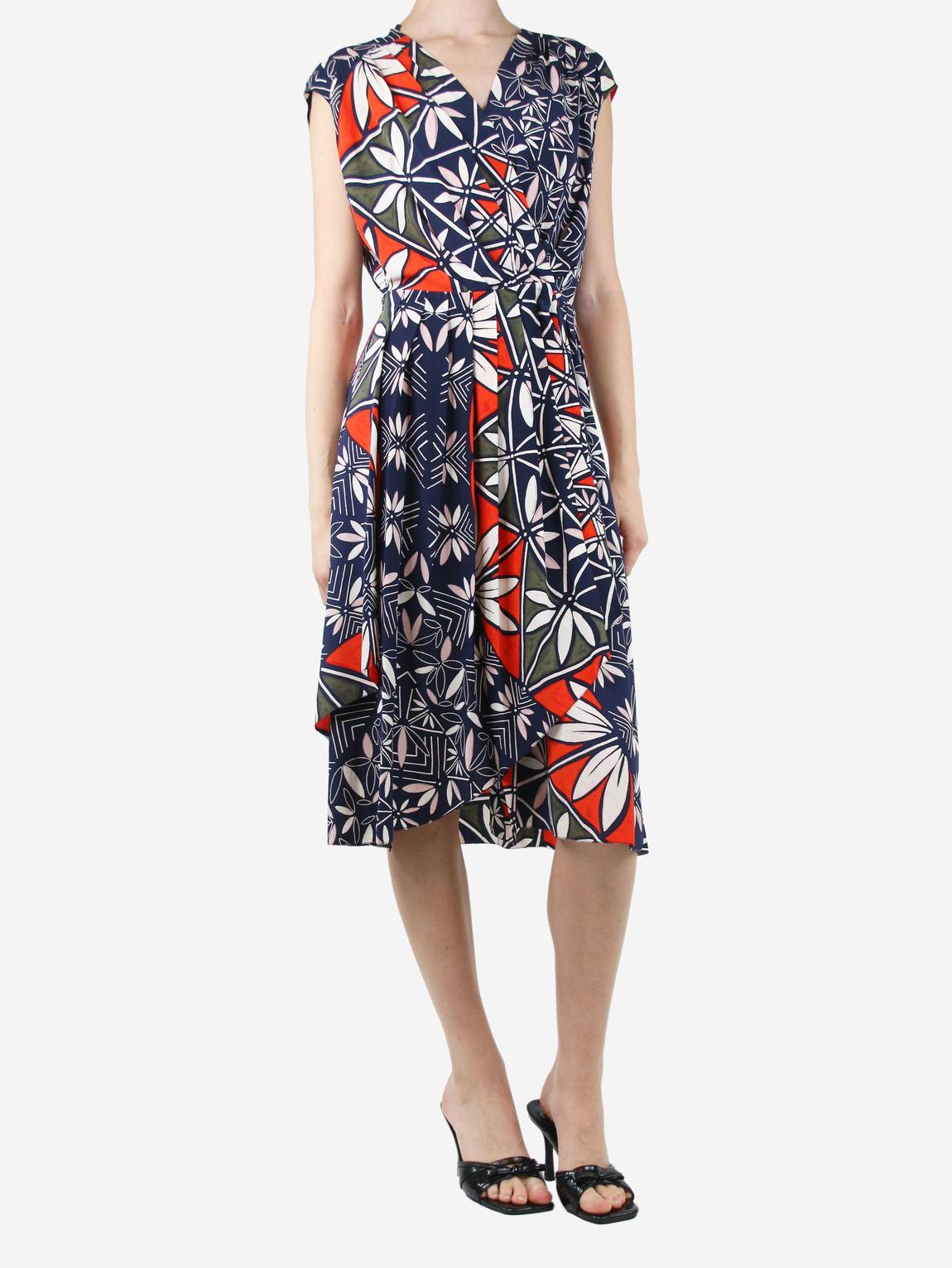 Navy printed silk midi dress main product photo