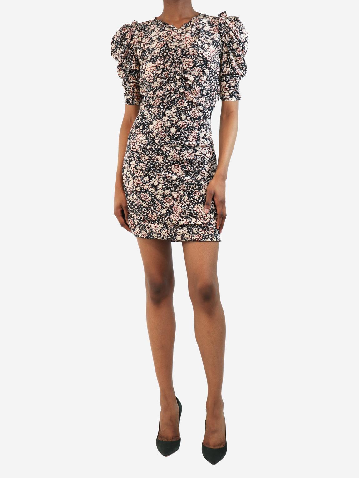 Black floral ruched mini dress main product photo