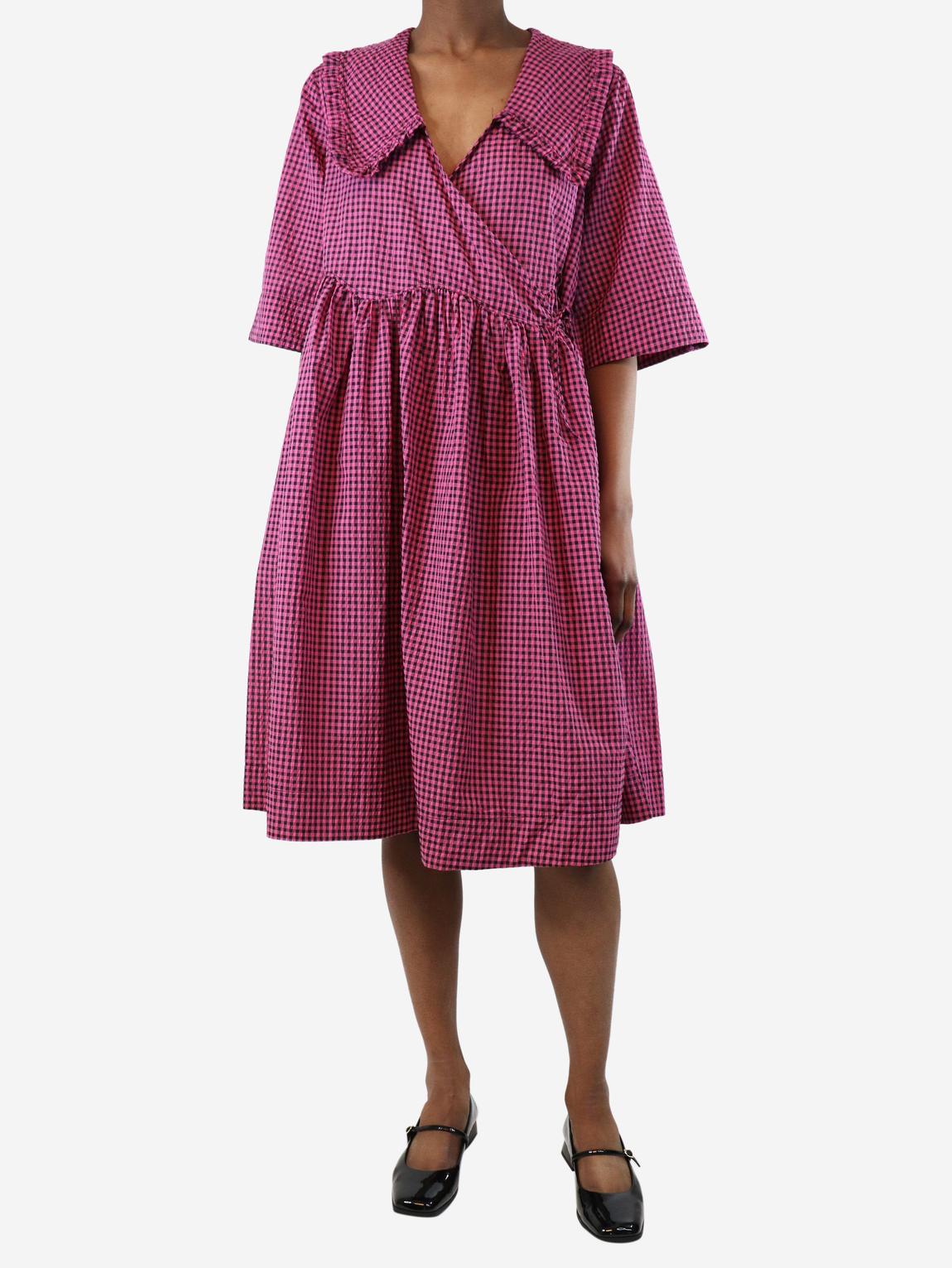 Pink gingham seersucker midi wrap dress main product photo