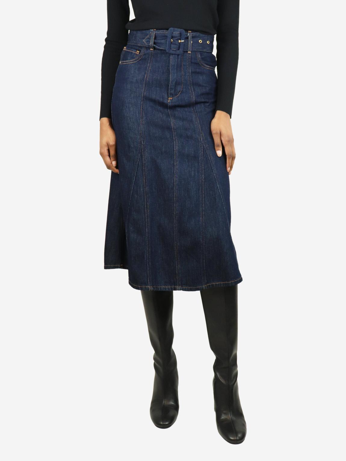 Blue belted denim A-line midi skirt main product photo