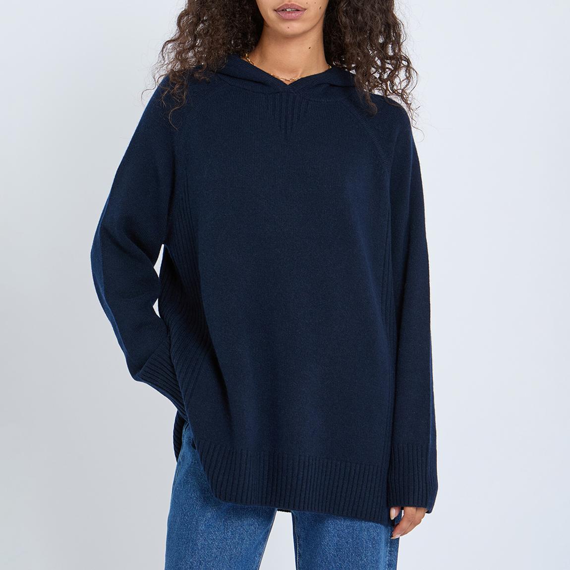NAVY CASHMERE BLEND LONGLINE HOODIE main product photo