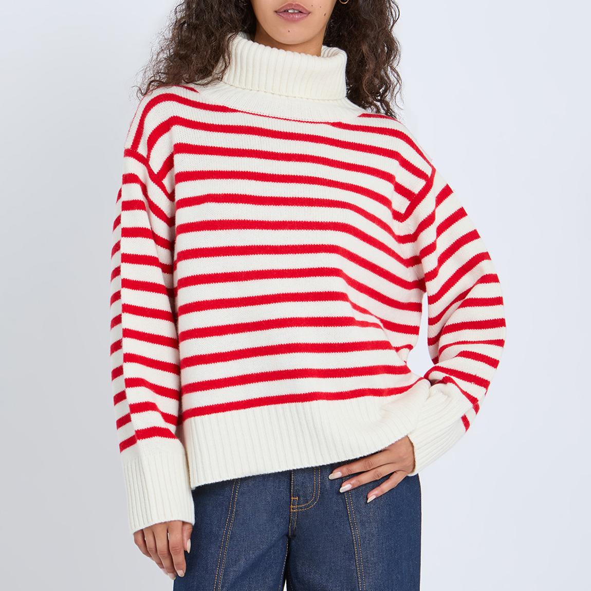 CREAM / RED WOOL STRIPE ROLL NECK main product photo