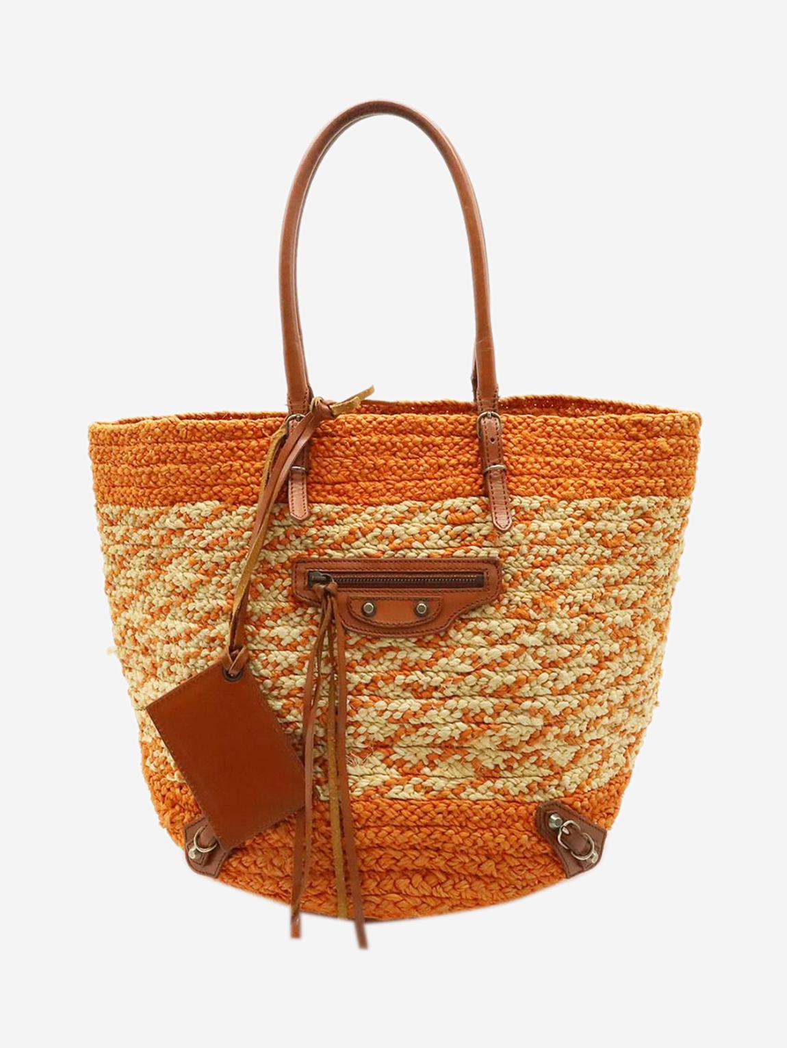 Orange raffia and leather tote bag main product photo