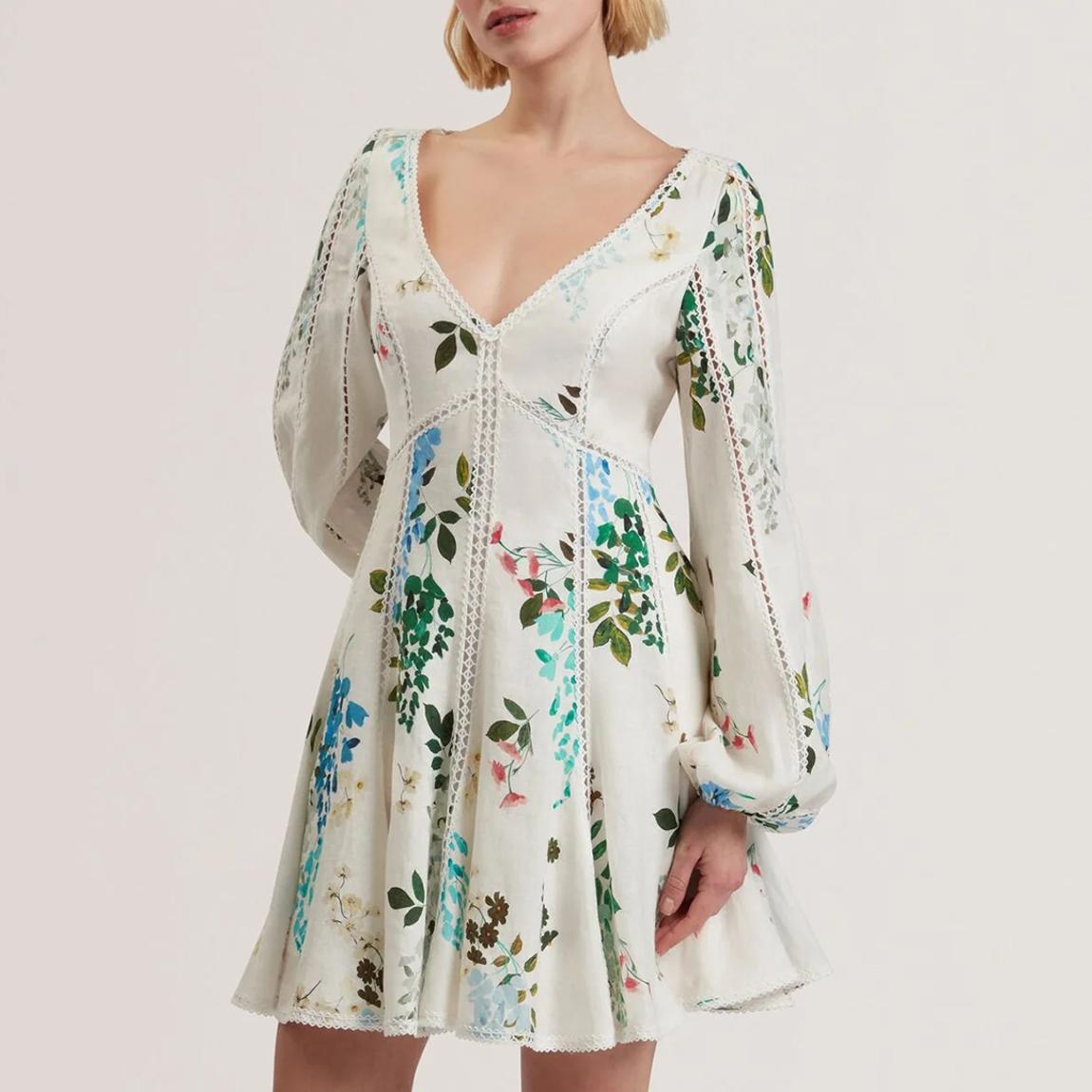 White Belvida Trim Detail Linen Mini Dress main product photo