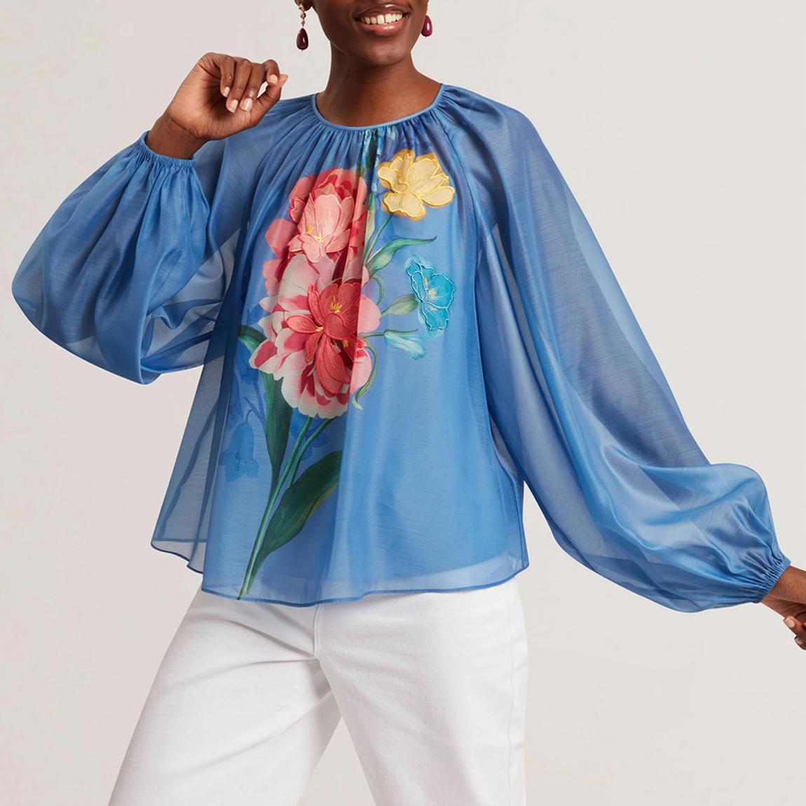 Blue Alria Printed Organza Puff Sleeve Blouse main product photo
