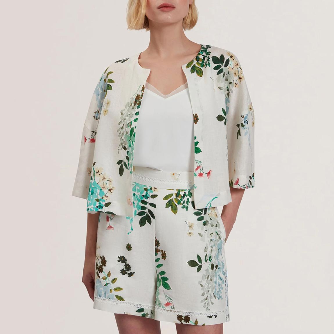 White Kalna Printed Linen Short Sleeve Top main product photo