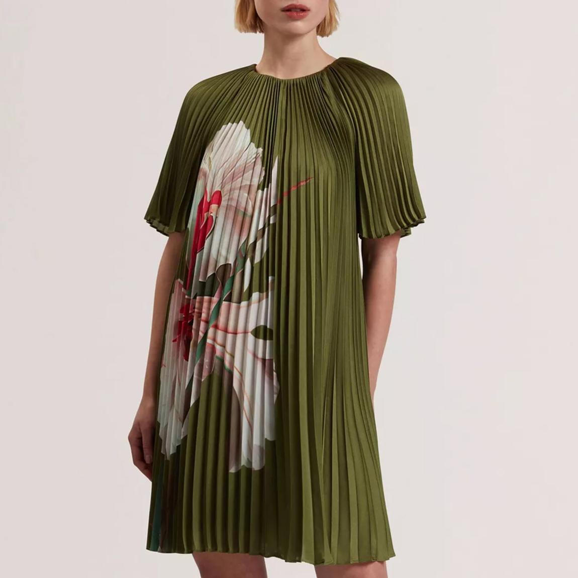 Khaki Vinlaa Short Sleeve Pleated Midi Dress main product photo
