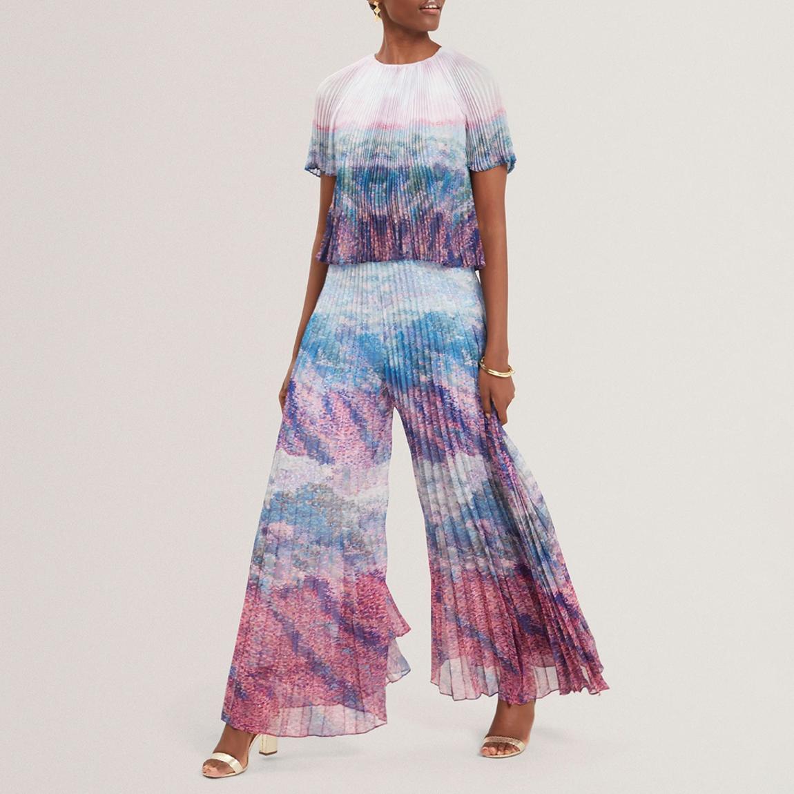 Pink/Blue Aharra Pleated Short Sleeve Blouse main product photo
