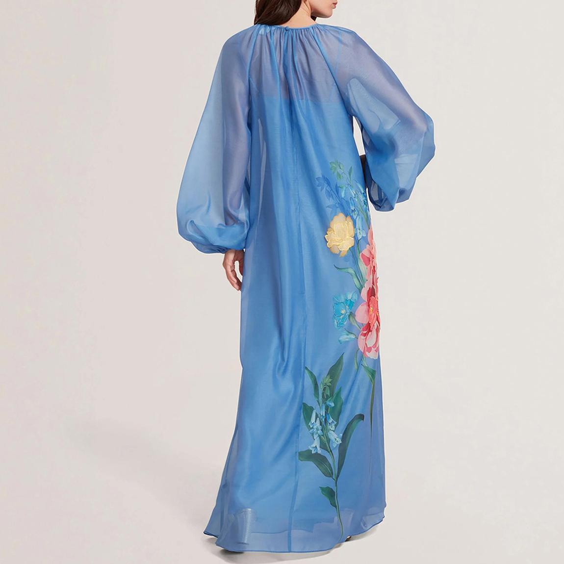 ted baker organza dress Ted Baker Women's Kinosei Printed Organza Maxi Dress with Neck Tie, Blue at Amazon Women's Clothing store