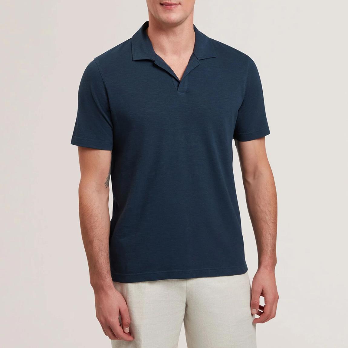 Navy Anito Cotton Linen Open Polo Shirt main product photo